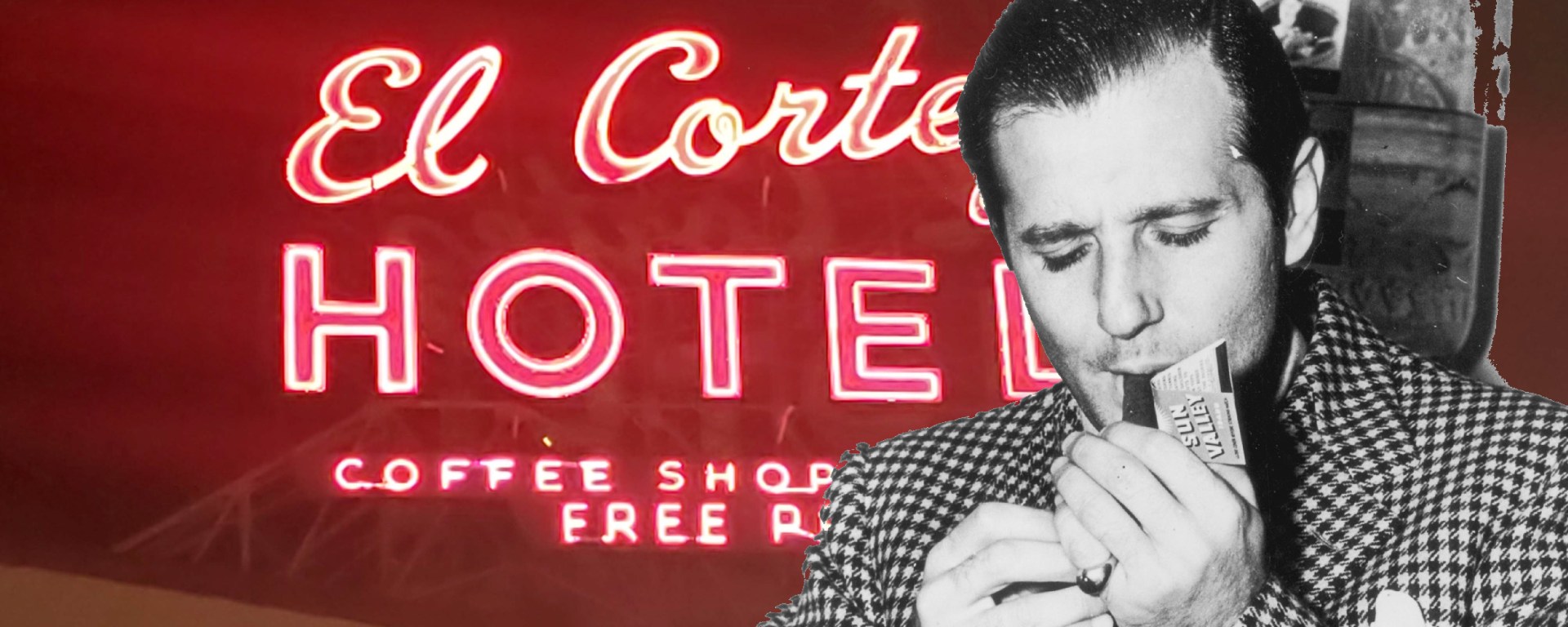 Bugsy Malone Lighting a cigar in front of the El Cortez Sign in Las Vegas