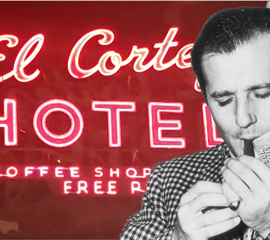 Bugsy Malone Lighting a cigar in front of the El Cortez Sign in Las Vegas