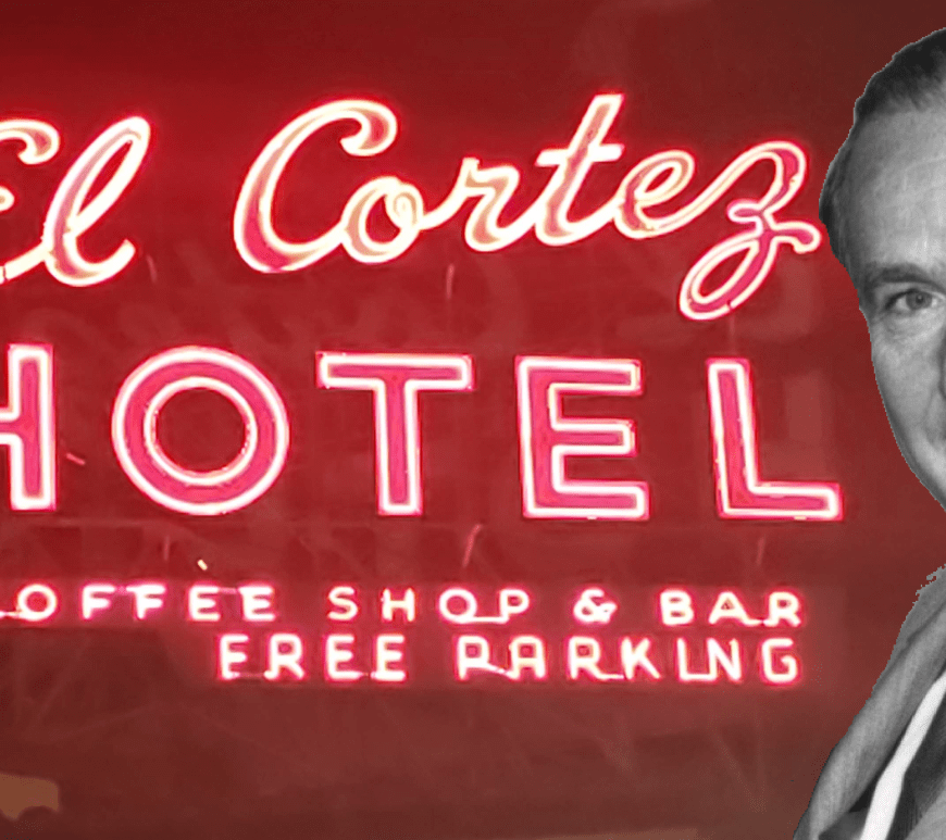 El Cortez Sign with a black and white image of Jackie Gaughan